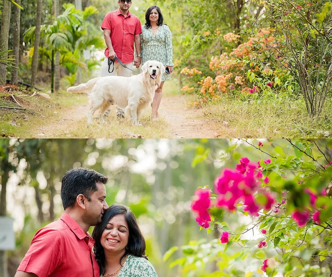 A perfect family portrait doesn't have to be posed. We love capturing these candid moments during a walk in the park, showing the easy, loving bond between a couple and their beautiful golden retriever. The bottom frame shows a quiet, affectionate moment that makes a beautiful memory.