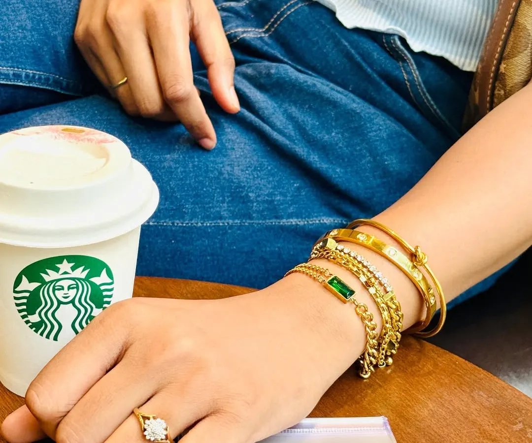 A lifestyle jewellery shoot showing how the pieces look in a real, everyday setting. This kind of in-context photography helps customers visualize themselves using the product, making it perfect for social media and blogs.