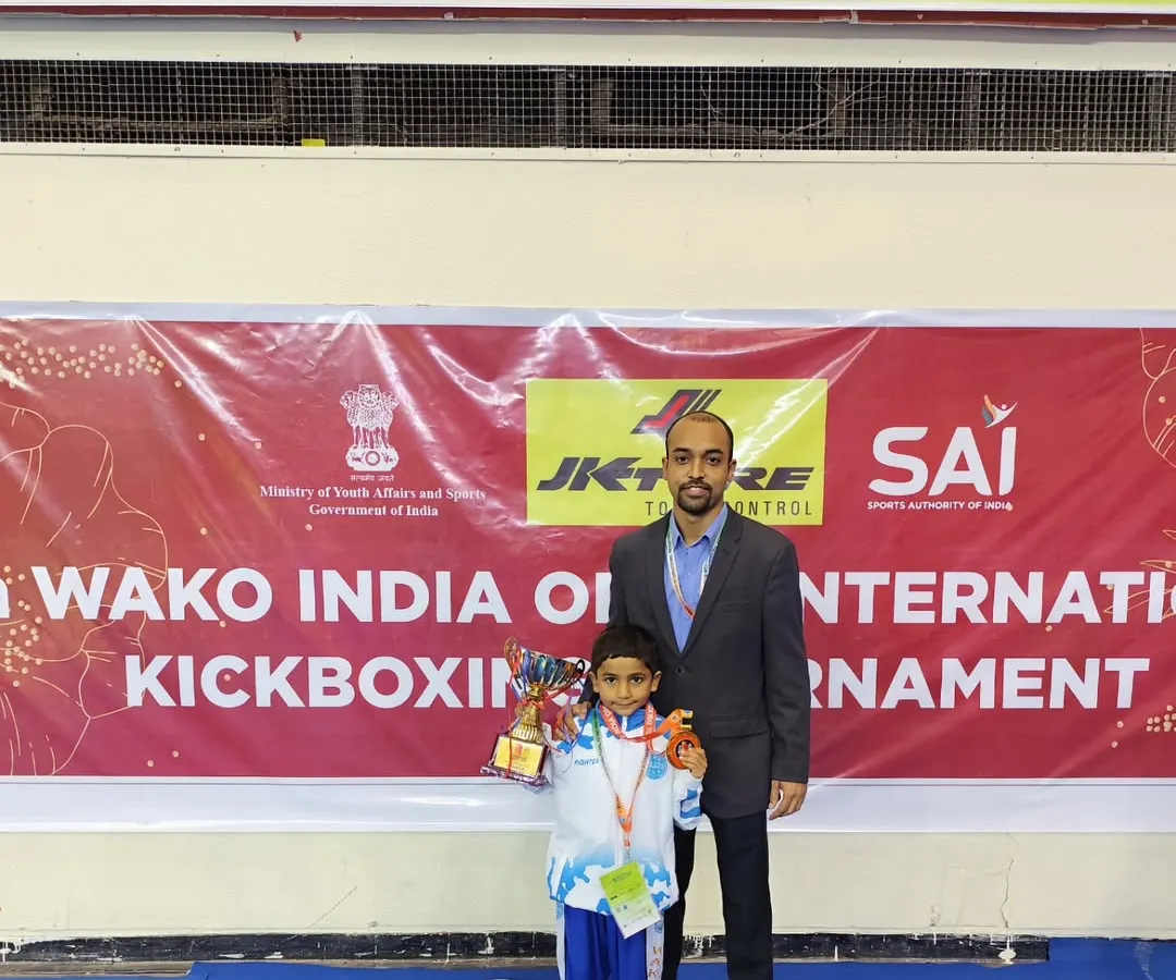 A proud moment with our young champion, Azai Singh Sethi, after he clinched the Gold Medal at the 4th India Open Kickboxing Tournament. We nurture talent from a young age to build future legends.