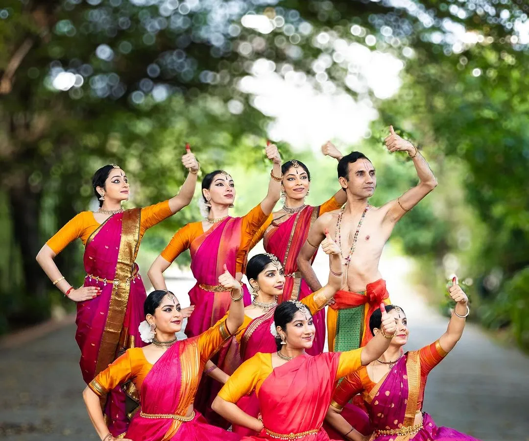 My Chithkala Ensemble and I, ready to present "Tyāgarāja Hṛt Sādana." This image captures the scale and vibrant energy of our group productions, where we come together to create a grand theatrical experience.