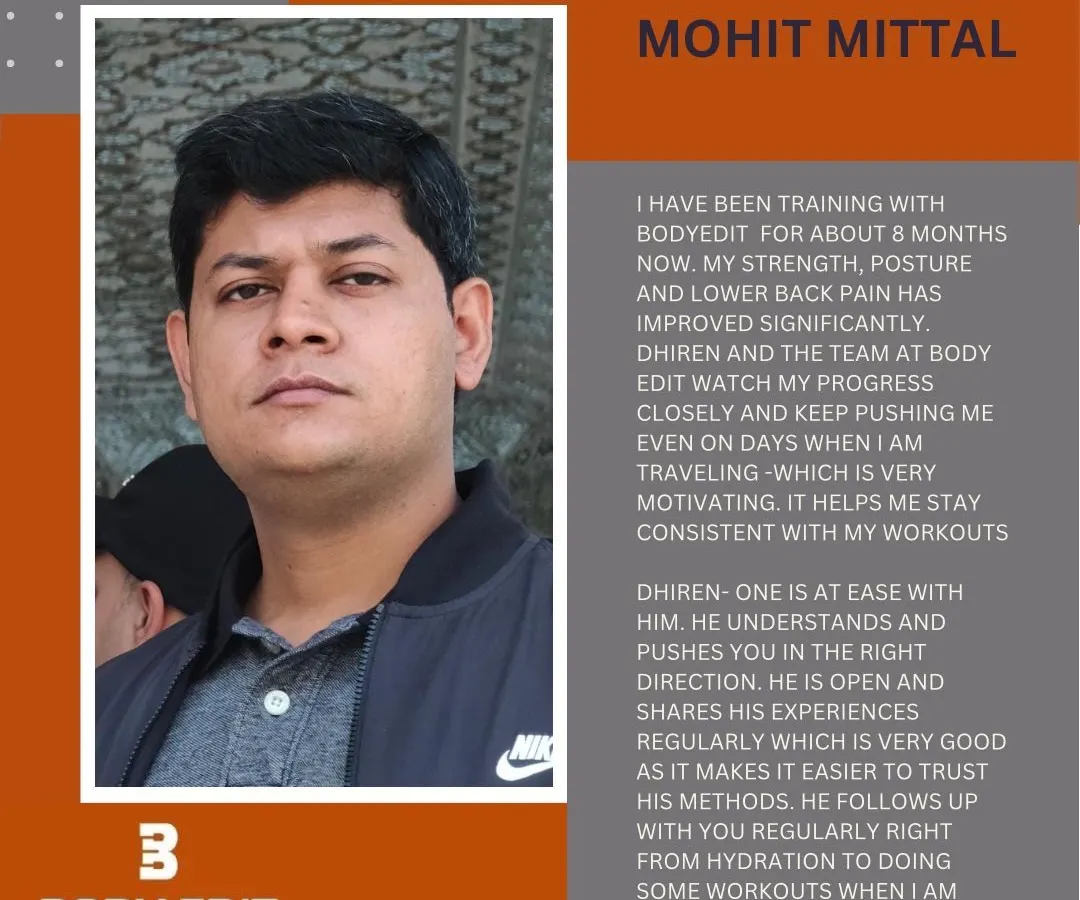 Mohit's testimonial highlights the comprehensive support we provide. Our coaching goes beyond just meals; we track hydration, suggest workouts, and provide constant motivation to ensure you see significant improvements in strength, posture, and pain reduction, just like he did.