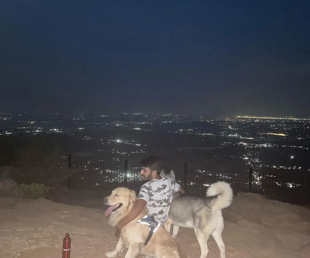 A Golden Retriever and a Husky are with me at Nandi Hills after dark. Caesar is the Golden Retriever friend on this trip.