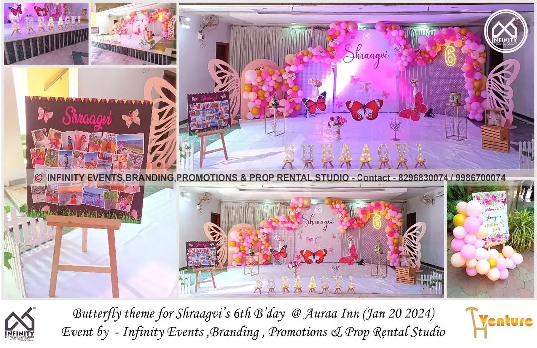 We love bringing whimsical themes to life, like this beautiful butterfly celebration for a 6th birthday at Auraa Inn. The setup features a flowing organic balloon garland in shades of pink and orange, large laser-cut butterfly wing props, and a personalized backdrop, creating an enchanting photo zone for the birthday girl.
