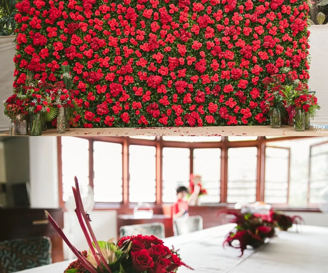 Impactful branding is key. The top image features a floor-to-ceiling wall of red roses, creating an unforgettable photo opportunity for a product launch or gala. The bottom image shows how this theme extends to elegant table centerpieces for a cohesive brand environment.