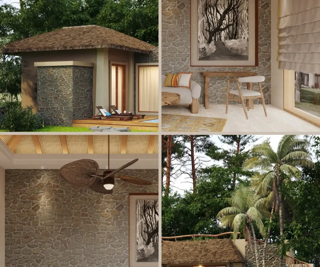 A collage showcasing the Dev Villas in Kanha, a project focused on sustainable luxury. I used local stone and thatched roofs to create private villas that blend into the natural landscape, offering guests an immersive and eco-conscious retreat.