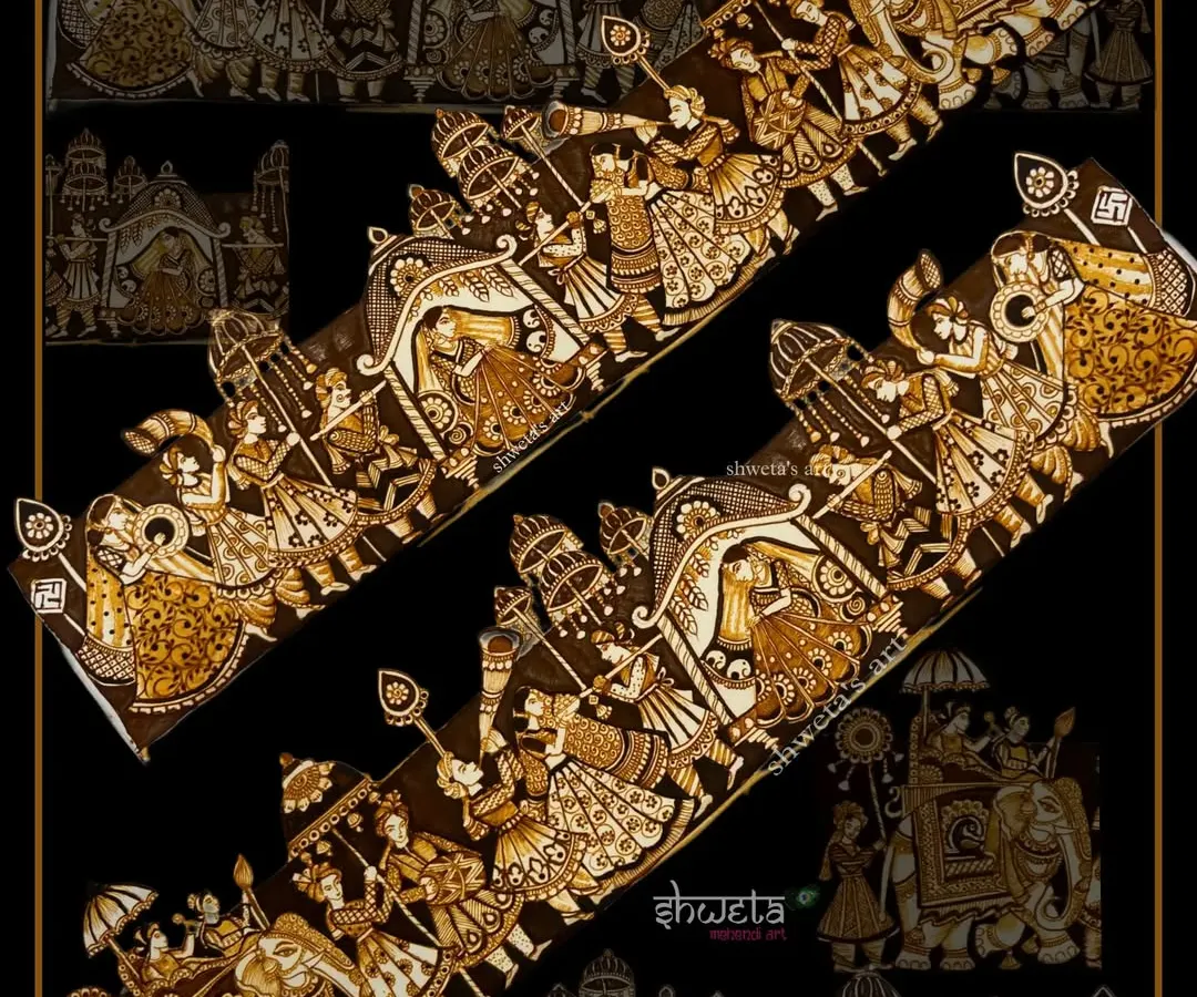 A full baraat procession brought to life on the arms. Every detail, from the doli to the elephants, is crafted to tell a unique wedding story. This is the level of custom art I bring to my bridal clients.