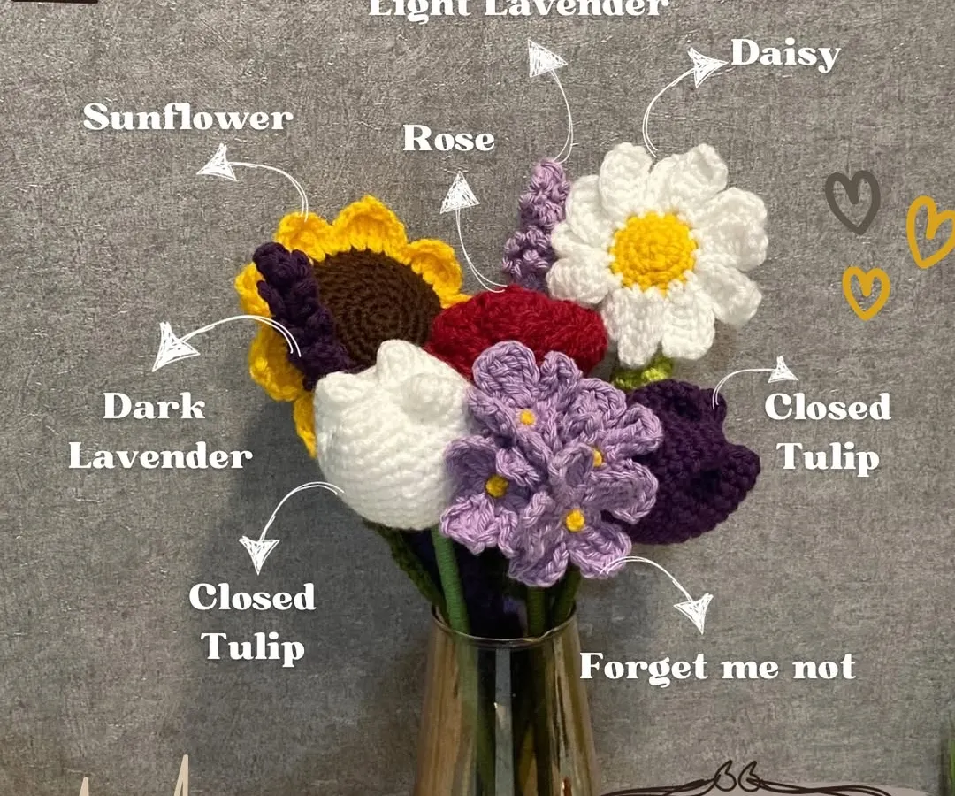 Why buy flowers that wilt when you can have these forever? This is a look at my best-selling crochet flowers. I can create custom bouquets with your favorites, from sunflowers and roses to tulips, daisies, and forget-me-nots.