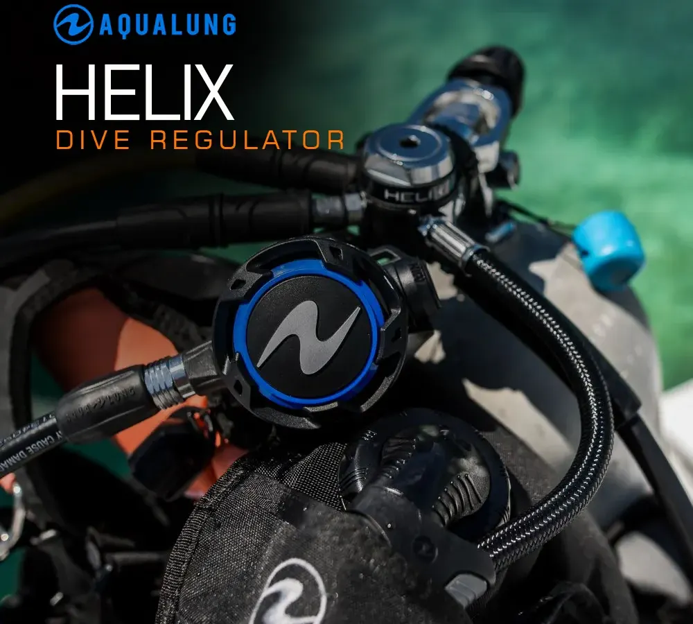 The Aqualung Helix dive regulator, seen here attached to a BCD, is a cornerstone of reliable recreational diving. Its balanced first and second stages ensure smooth, easy breathing at any depth, making it a trusted choice for divers of all levels.