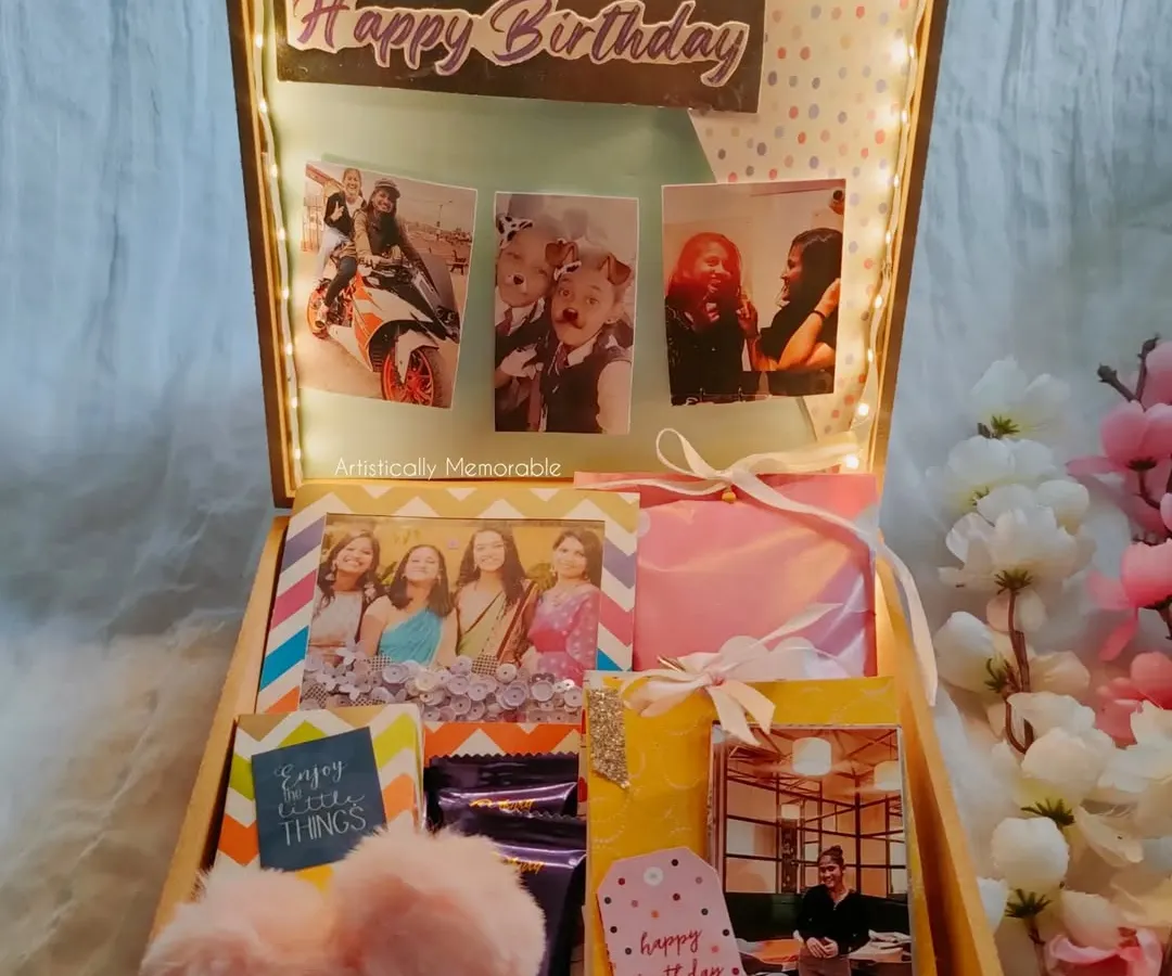 I love bringing a theme to life, like this sunshine-yellow hamper for a special bestie. The light-up photo collage in the lid adds that extra bit of magic when she opens it.