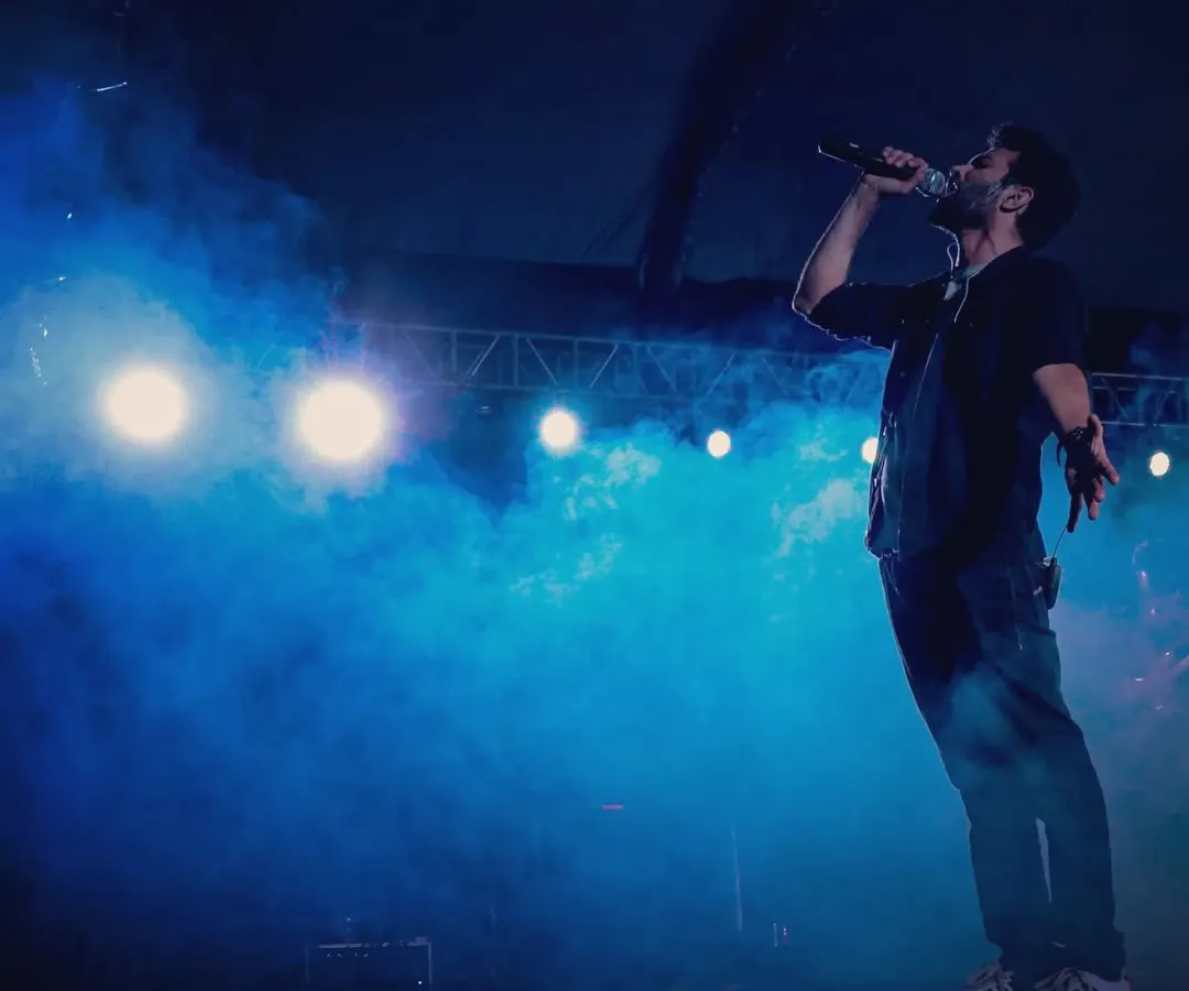On stage, under the lights, sharing stories through music. This is my happy place. This shot captures the feeling of performing for a large audience, perfect for when your event needs that big concert vibe.