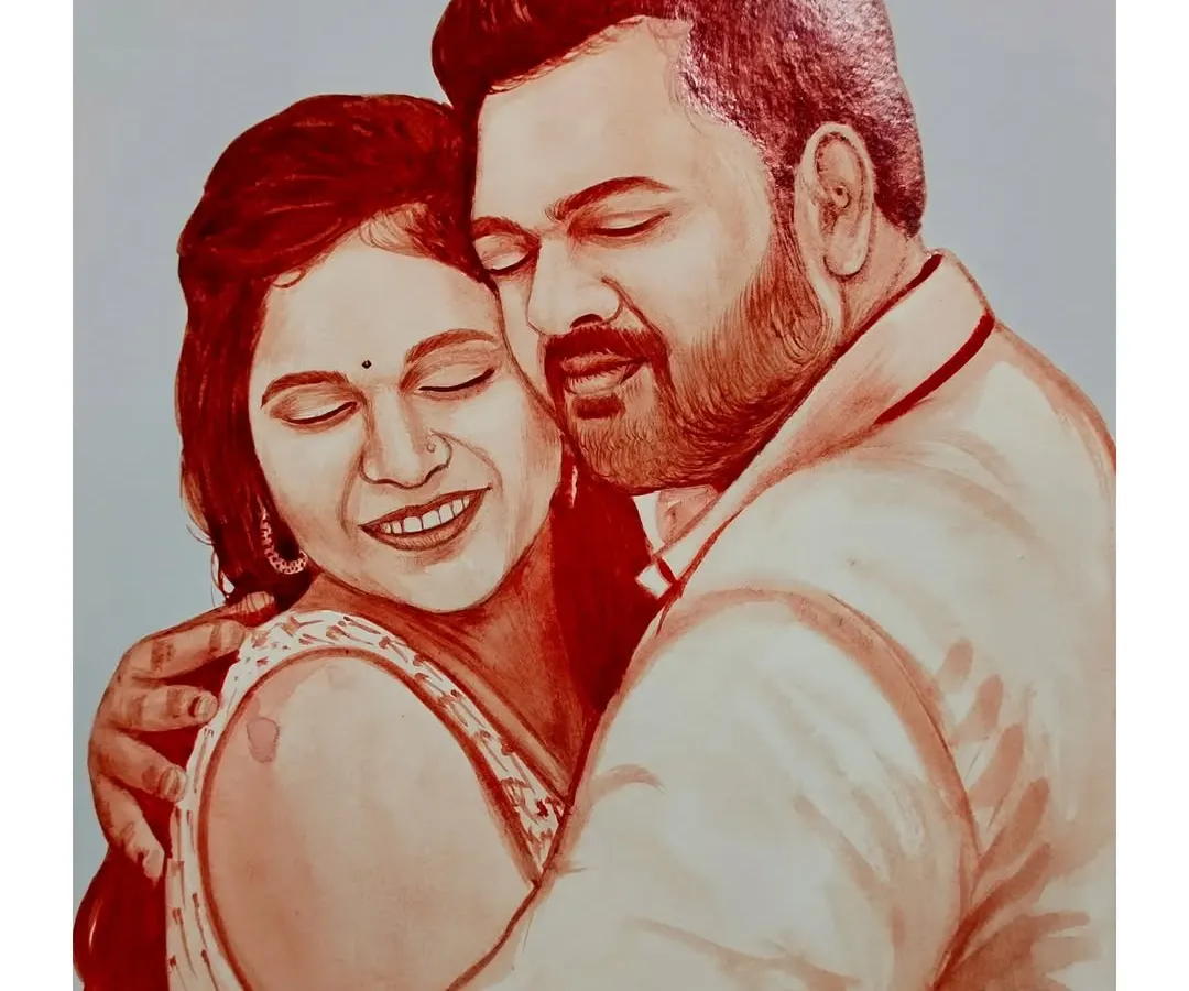 A tender moment between a couple, captured forever in a custom blood portrait. I focus on conveying emotion, making these pieces perfect for anniversaries and special gifts.