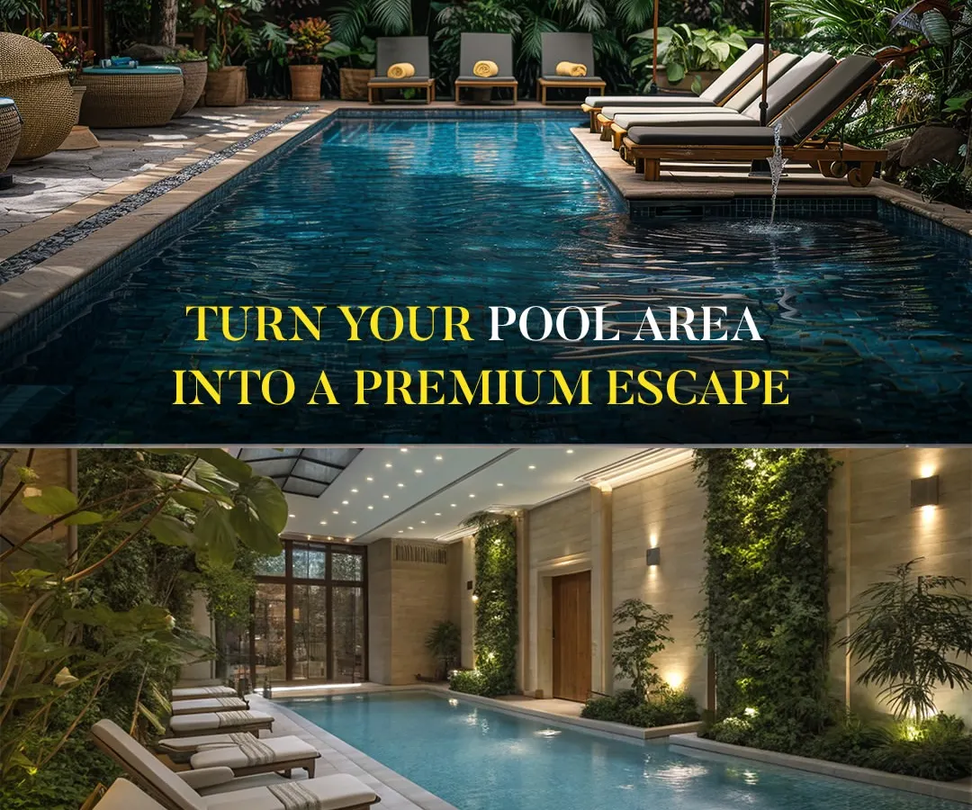 I design premium poolside escapes for both homes and commercial properties like hotels and resorts. This image shows two examples of how I blend lush plants, elegant loungers, and smart lighting to create a tailored, luxurious atmosphere.