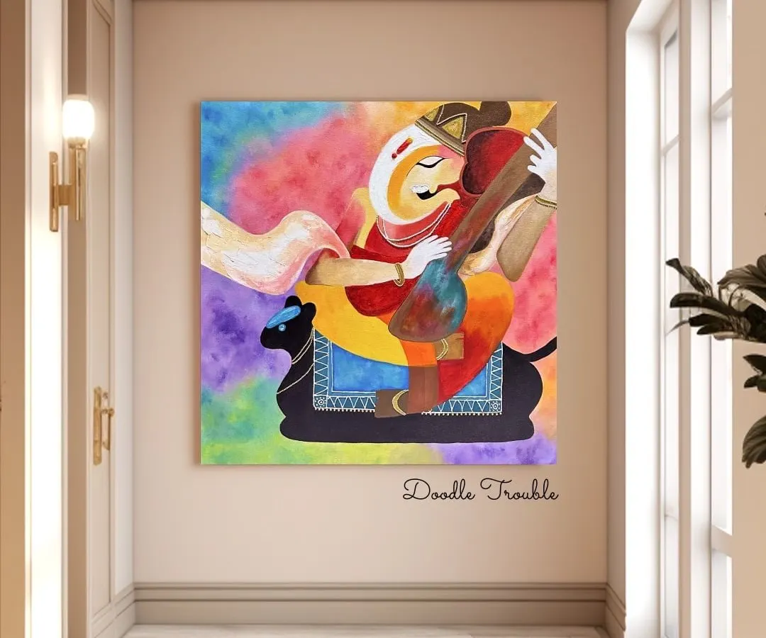 I love creating modern spiritual art. This vibrant Ganesha painting uses a bold color-blended background and clean lines to bring divine energy and positivity into a contemporary home.