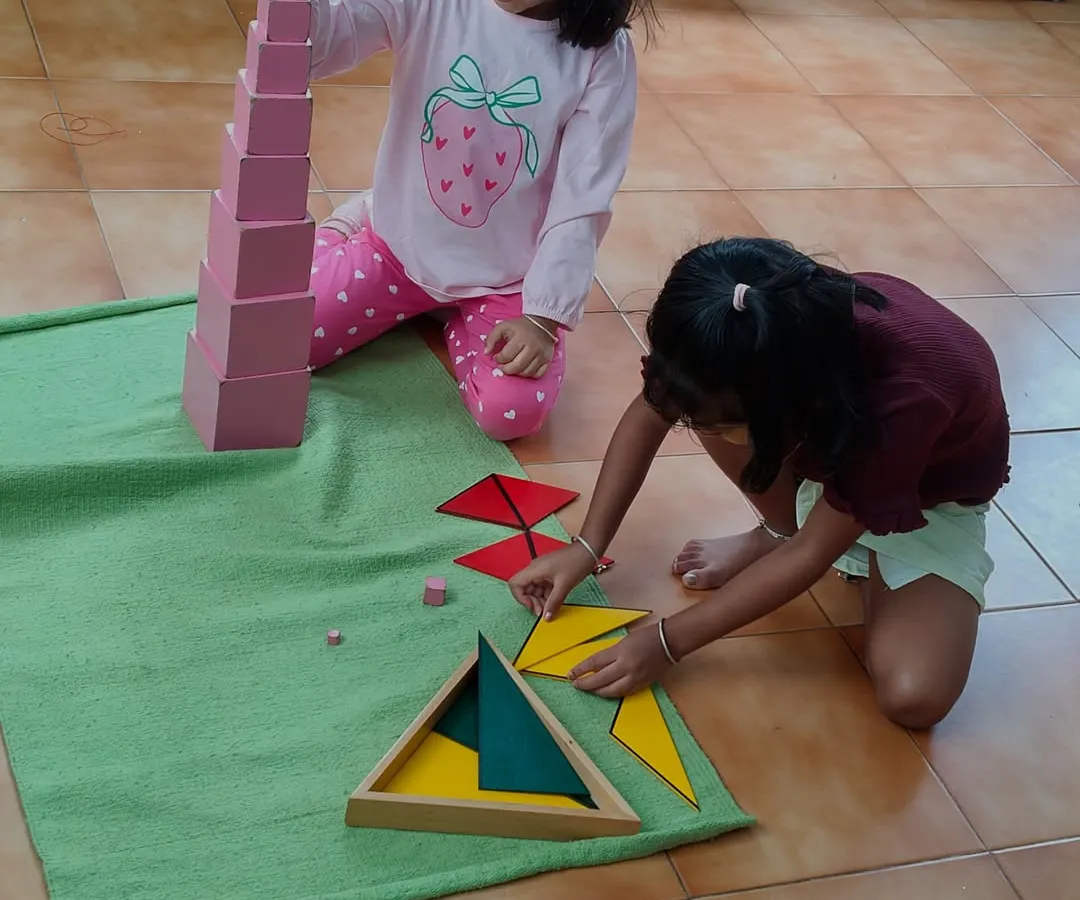 Here, two children collaborate on sensorial materials, the iconic Pink Tower and geometric puzzles. This moment captures the beauty of our mixed-age community, where older children guide younger ones, and everyone learns the value of teamwork and shared discovery.