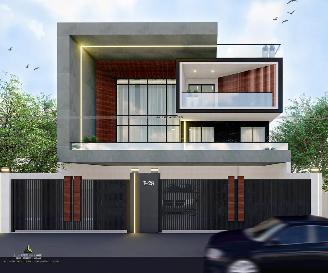 This 3D render for a 500 sq. yard home in South Delhi showcases our design philosophy: a balance of bold contemporary forms, warm materials like wood, and expansive glass to create a powerful architectural statement. We handle such projects from the initial design concept right through to the final handover.