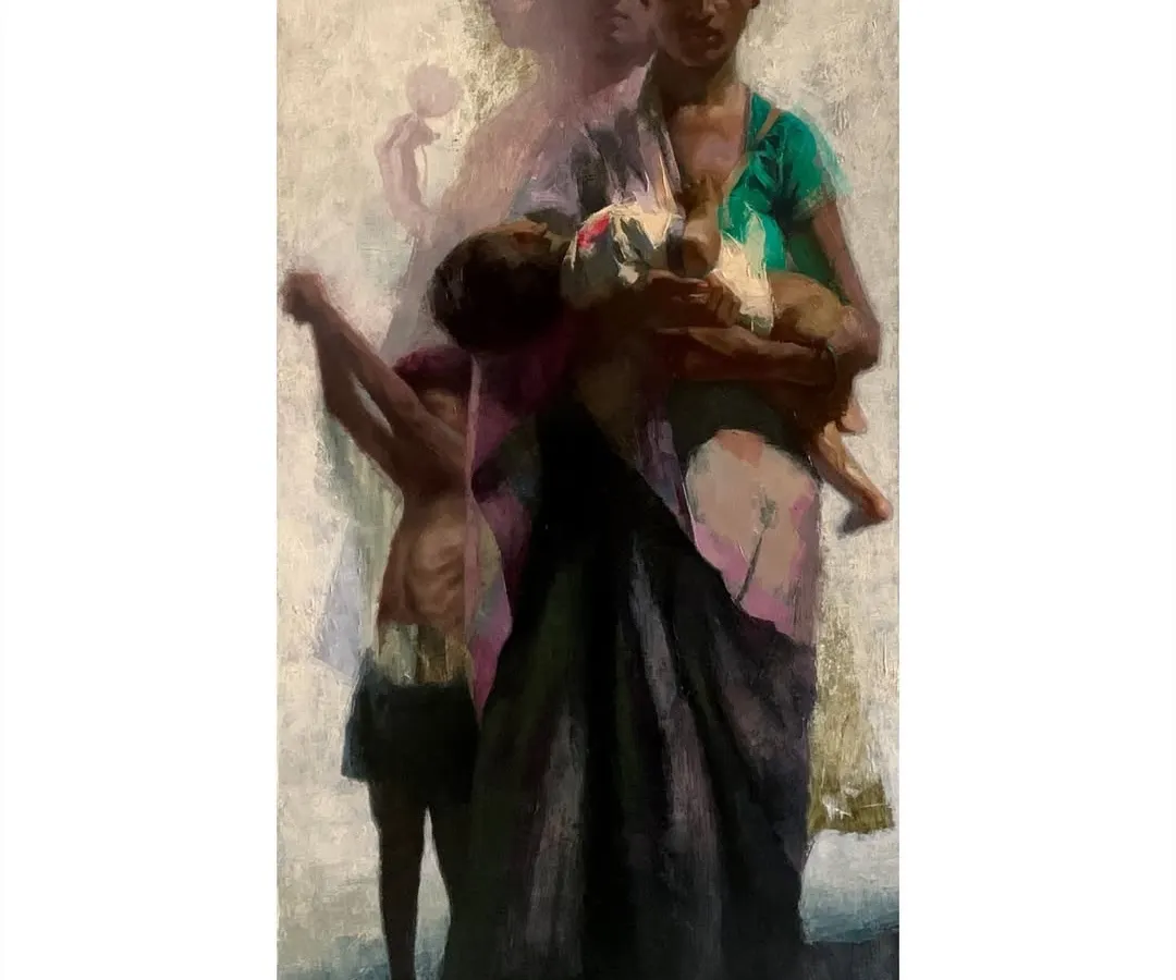 Titled "Love & Hunger," this oil on canvas work delves into the theme of motherhood amidst adversity. I used the impasto technique to create a textured, almost sculptural quality, representing the mother as a foundational, inspirational figure in a challenging world.