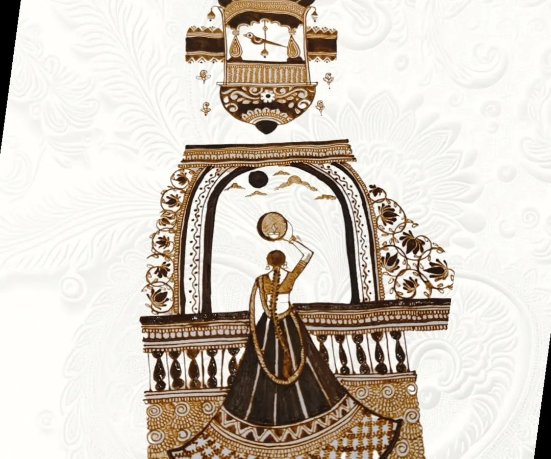 This is a classic Karwachauth design, telling the story of the festival. It features a detailed portrait of a woman in traditional attire looking at the moon through a chhalni, set within an ornate jharokha.