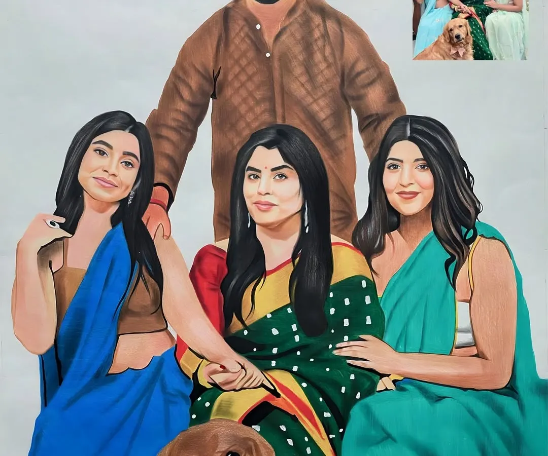 This large A1 size family portrait was a special commission where I combined different photos to bring everyone together, including their beloved dog. I use high-quality color pencils to make sure every person's likeness and the warmth of the family bond shines through.