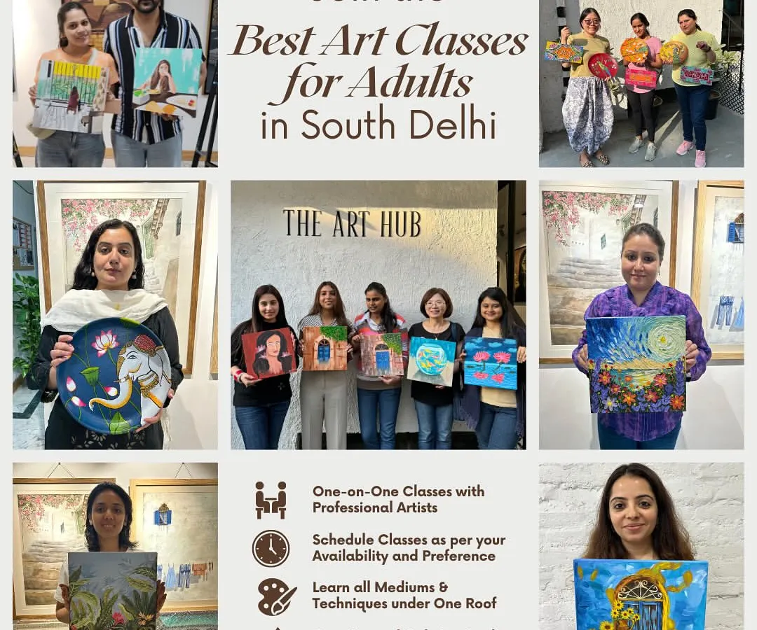 My art classes for adults are a great way to unwind, learn a new skill, and connect with other creative people. This collage shows the happy faces and beautiful artwork from one of our recent adult workshops.