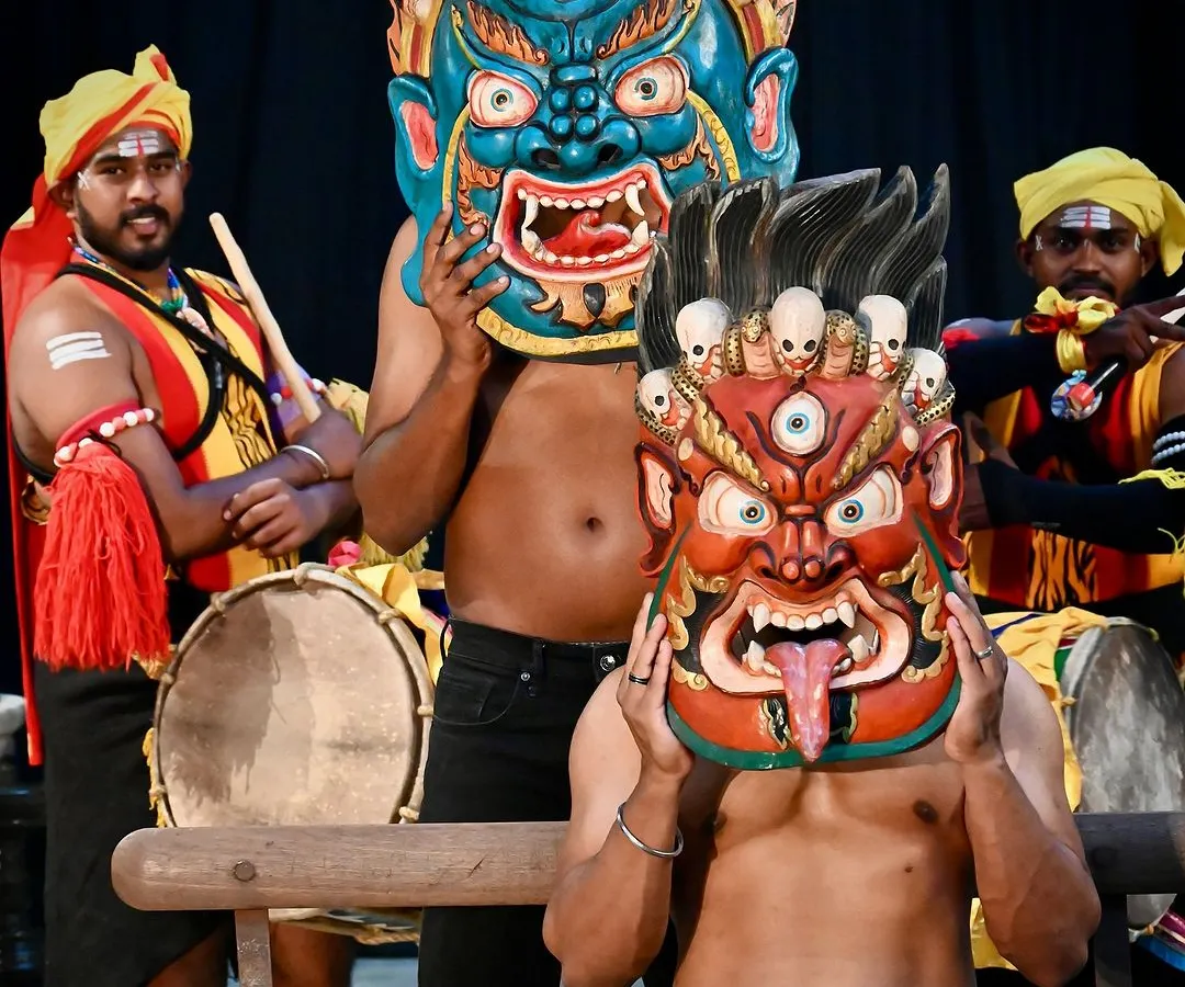 Here, our vibrant, hand-carved Nepali masks are brought to life by traditional Dollu Kunitha dancers from Karnataka. This is a celebration of cultural fusion, where the powerful energy of folk art protects and inspires.