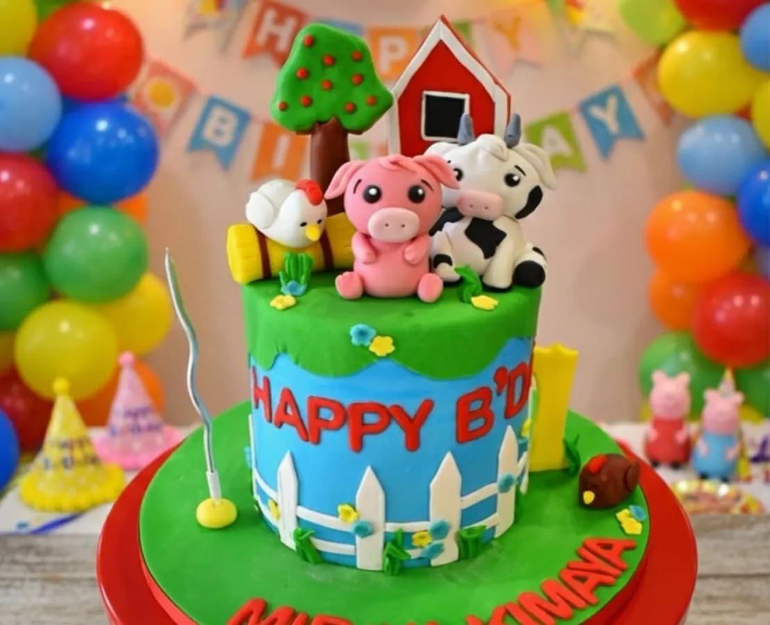 I love bringing imaginative worlds to life, like this vibrant barnyard-themed cake for a child's birthday. Every detail, from the hand-sculpted farm animals and red barn to the tiny picket fence, is crafted from edible fondant, making it a playful and delicious centerpiece.