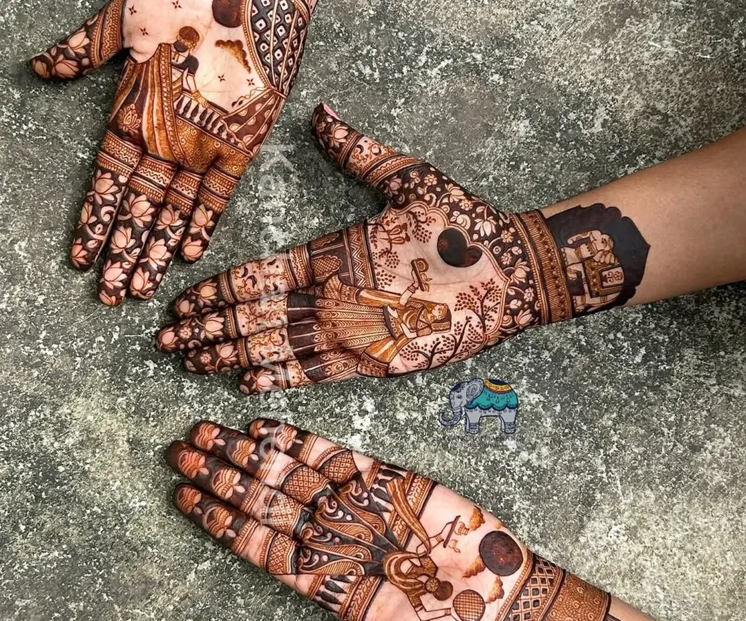 We love telling stories through our mehandi. Here are three different designs for Karwachauth, each showing a unique scene like the classic 'channi' ritual, telling a different story on each hand.