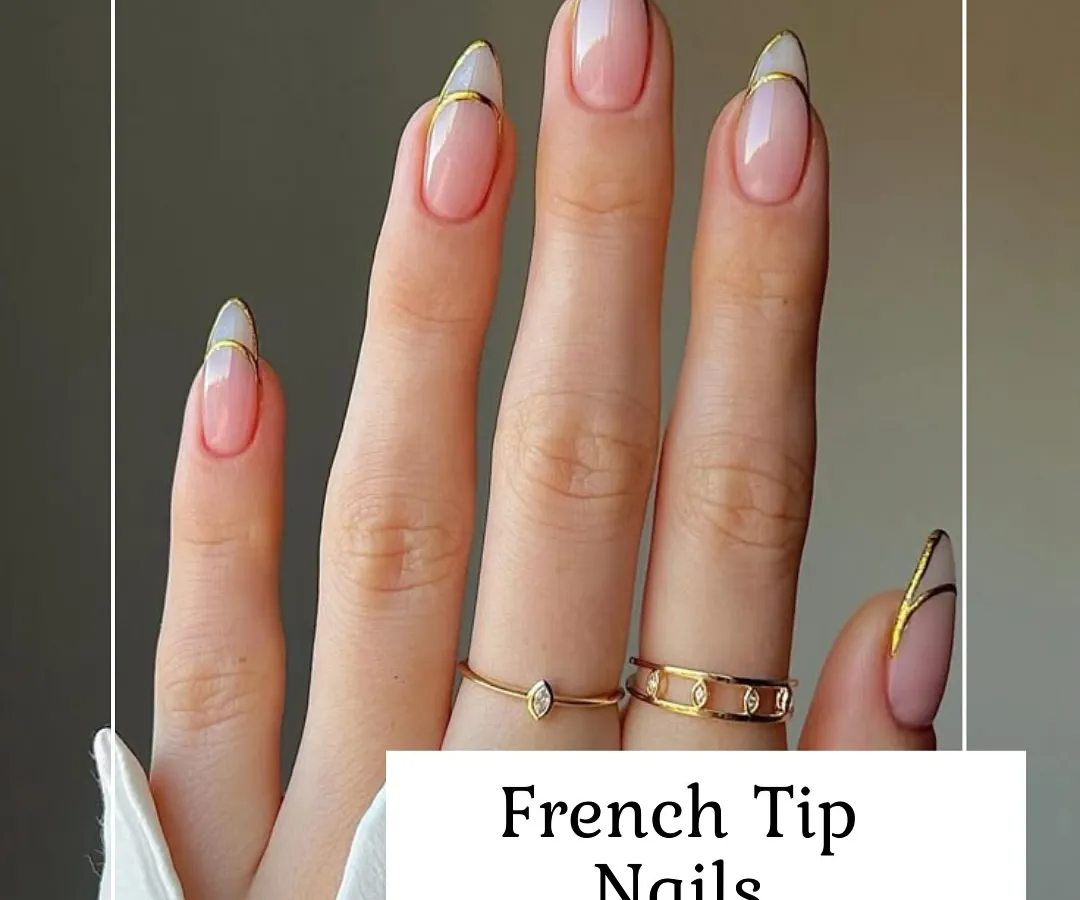 This is my modern take on a classic. The elegant French manicure is updated with a delicate gold outline along the tip, creating a refined and chic look on beautifully shaped almond nails.
