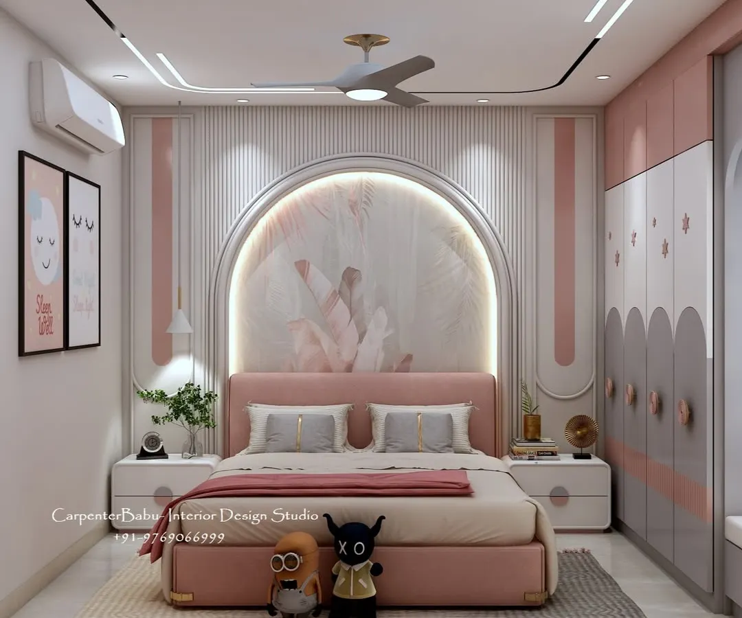 I believe a child's room should be a magical space for them to grow and dream. For this bedroom, I designed a custom arched headboard with a soft, backlit mural, creating a whimsical focal point. The combination of pastel pink, clean white, and functional storage makes the room playful yet practical.