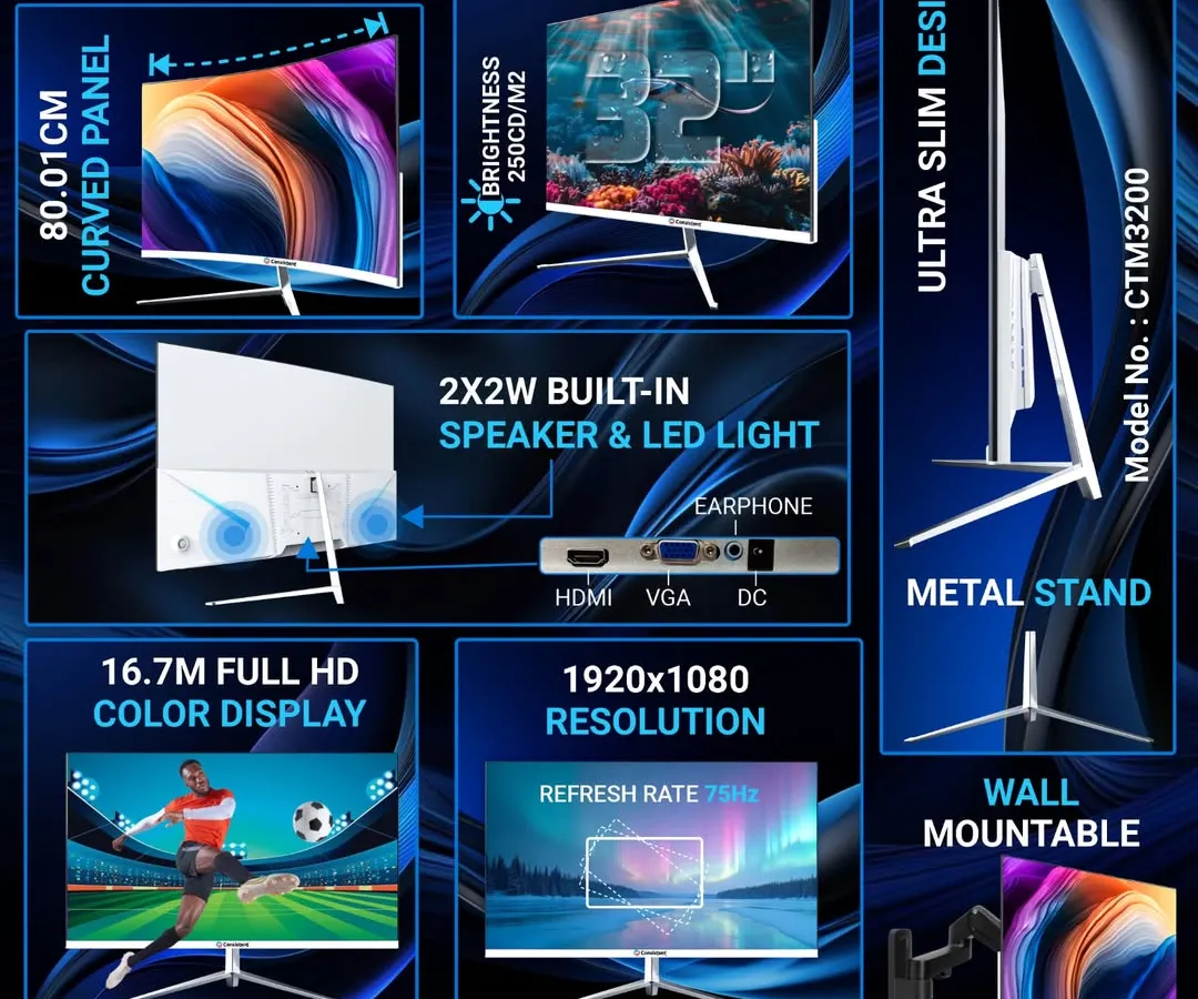 This 32-inch curved LED monitor offers an immersive viewing experience with its Full HD 1920x1080 resolution and ultra-slim design. It's wall-mountable and includes built-in speakers, making it a versatile display for professional work, streaming, and gaming.