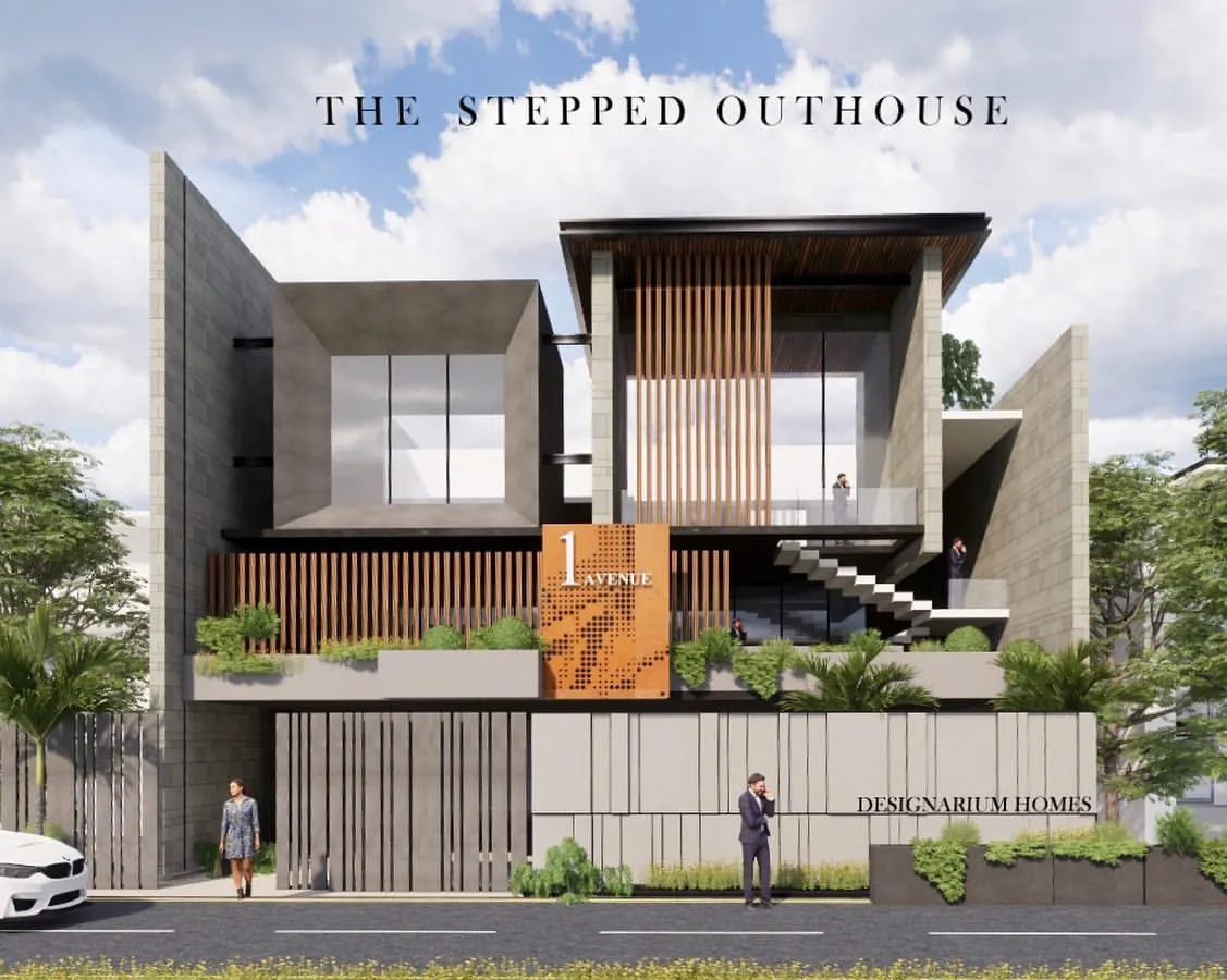 A conceptual render of 'The Stepped Outhouse,' a 15,000 sq.ft. contemporary residence. The design features a stepped massing of concrete terraces and extensive glazing to maximize views and natural light, representing our philosophy of creating architecture that responds to its environment.
