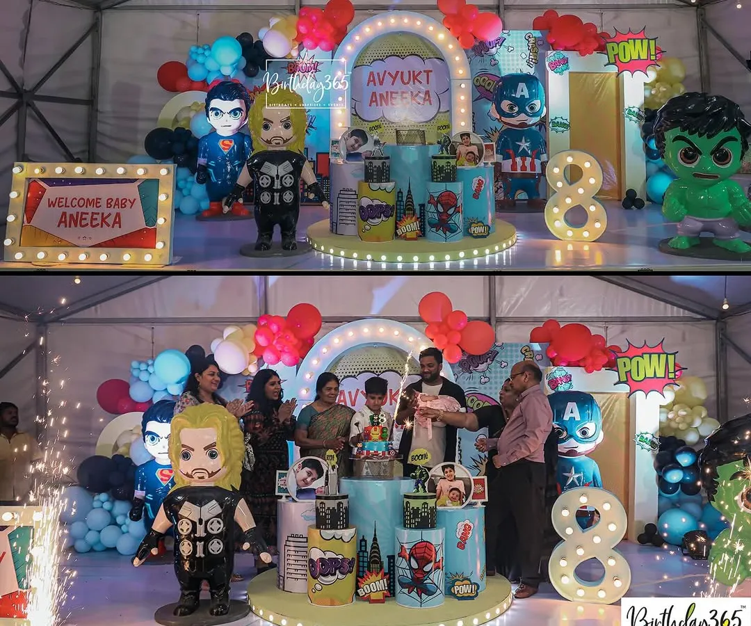For the ultimate superhero fan, we assembled an epic celebration. This party featured life-sized statues of Thor, Hulk, and Captain America, a city skyline backdrop, and custom comic-book style props, making the birthday boy and his family feel like heroes for a day.