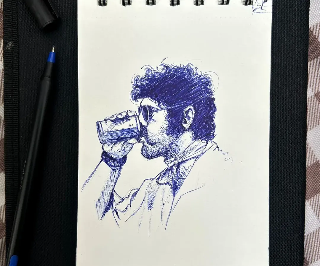 Here’s my other style: a classic pen and ink sketch. Using just a ballpoint pen, I build up texture with cross-hatching to give the drawing a raw, timeless feel.