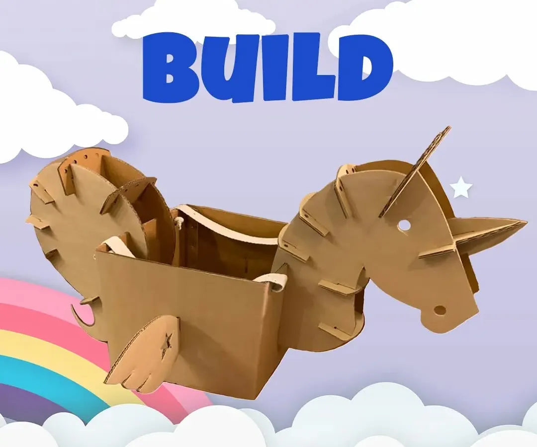 It all starts with a single idea. The first step in my workshops is to build. Kids get to construct their very own 3D cardboard unicorn, learning as they go and creating a sturdy base for their masterpiece.