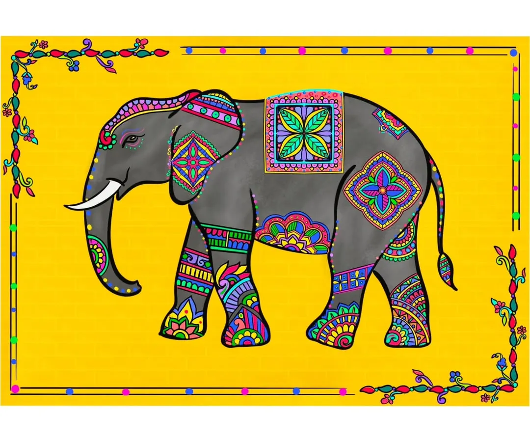 A majestic elephant adorned with intricate, colorful patterns against a bright yellow background, representing my custom digital folk art inspired by Indian traditions.