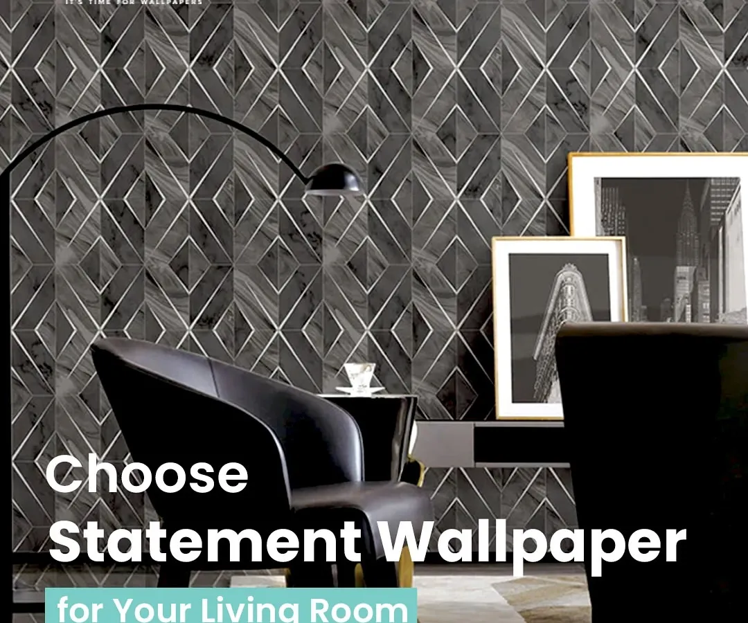 A bold, geometric wallpaper creates a sophisticated and modern statement wall in this living room. This is a perfect example of how the right design can anchor a room and serve as a central piece of art.