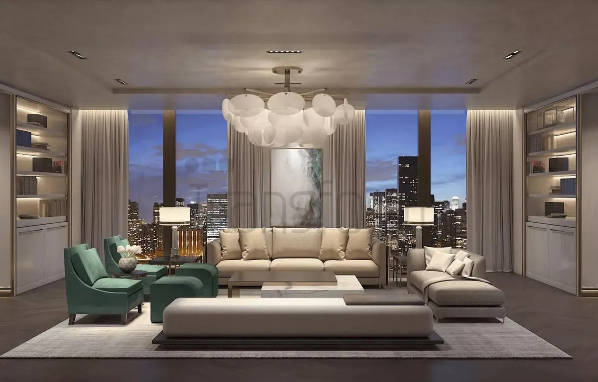 In this DLF Camellias residence, I crafted a living room that balances modern sophistication with deep comfort. The neutral palette creates a serene backdrop for the city skyline, while the plush teal accent chairs and bespoke shelving provide both personality and function.