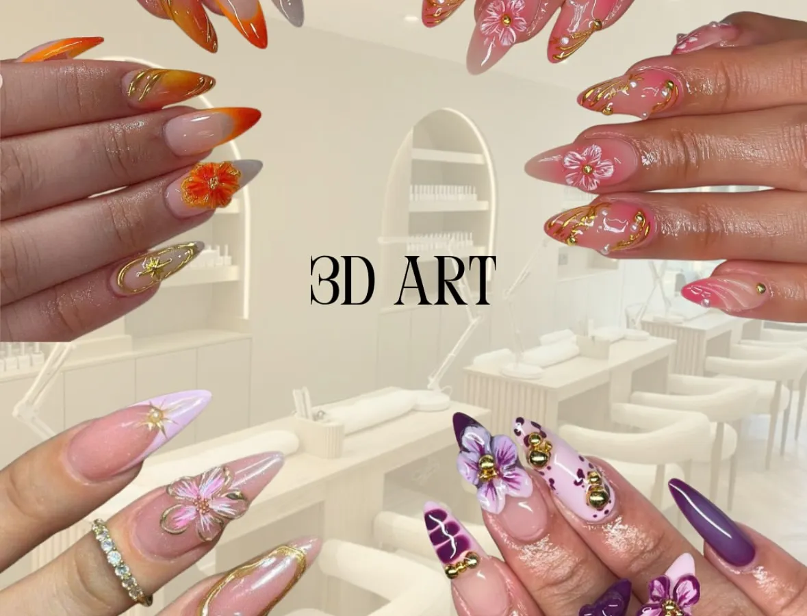 A collection of my 3D nail art creations. I love adding dimension with hand-sculpted acrylic flowers, delicate crystals, and other jeweled embellishments to make your nails truly pop for any special occasion.