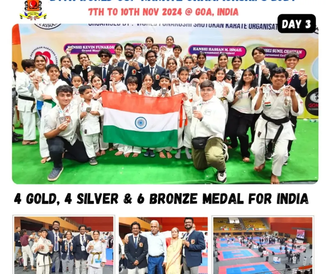 We are immensely proud to represent India on the world stage. This is our team at the 24th FSKA World Cup Karate Championship 2024 in Goa, celebrating a significant medal haul against competitors from over 25 countries.