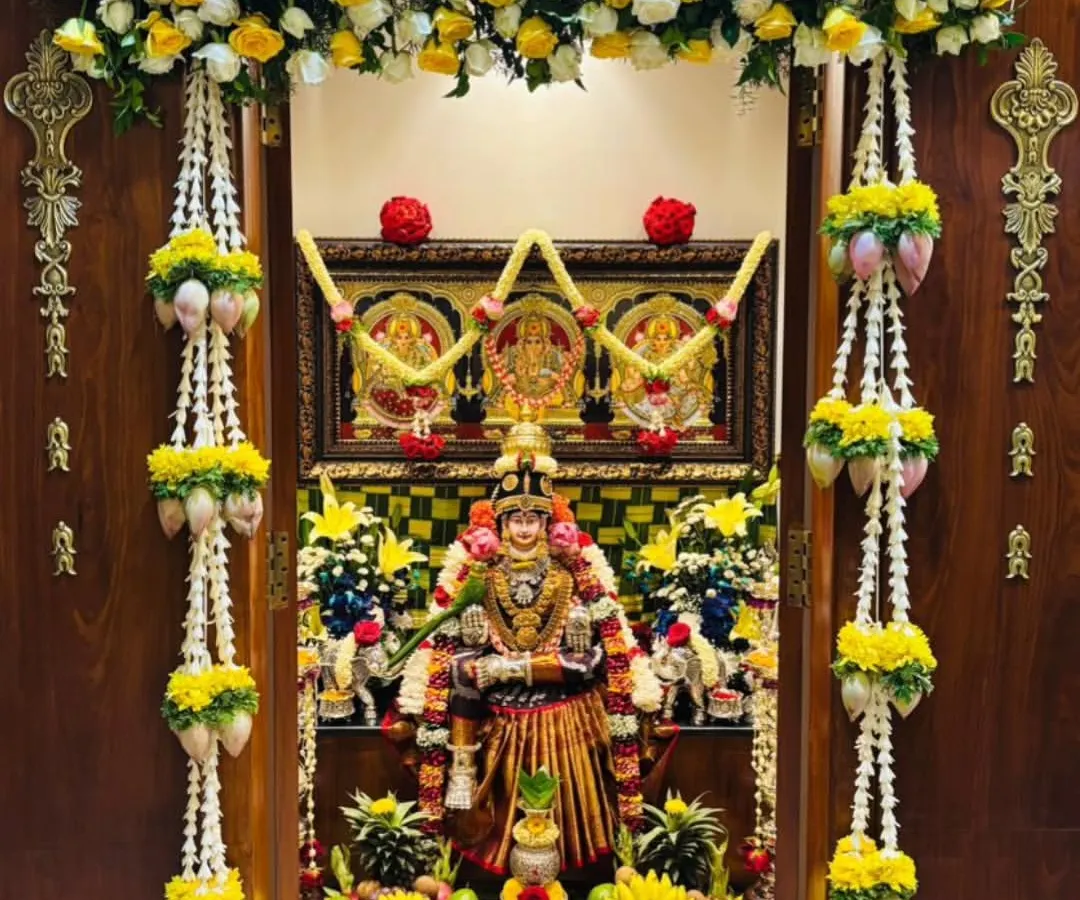 For Varamahalakshmi pooja, every detail matters. I decorated this pooja room with fragrant jasmine and tuberose garlands, lotus hangings, and beautiful yellow roses to create a truly sacred space for the goddess.