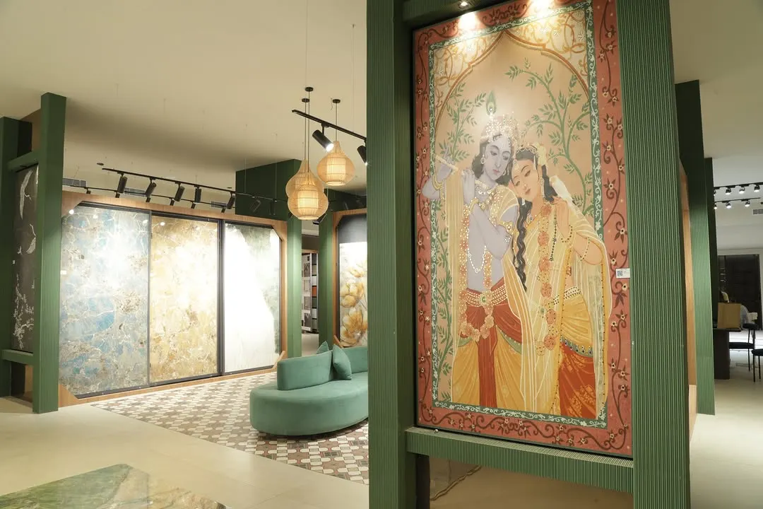 We celebrate cultural artistry with custom tile murals like this depiction of Radha and Krishna. These pieces can become a serene and beautiful focal point in a pooja room or living space, reflecting both heritage and personal taste.
