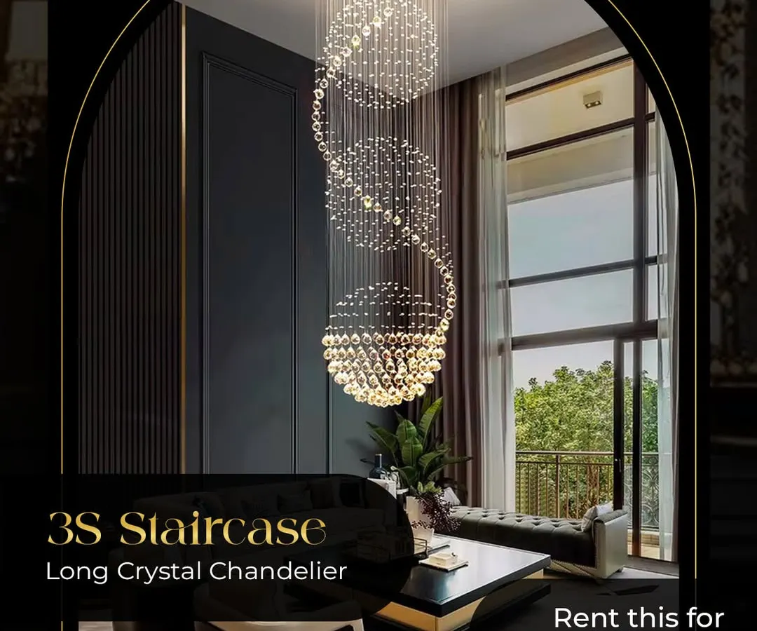 Transform your staircase or double-height living room with a showstopping piece like this 3S Long Crystal Chandelier. You can try this magnificent 6.5-foot fixture in your space and see the dramatic impact it makes, all on a simple monthly rental plan.