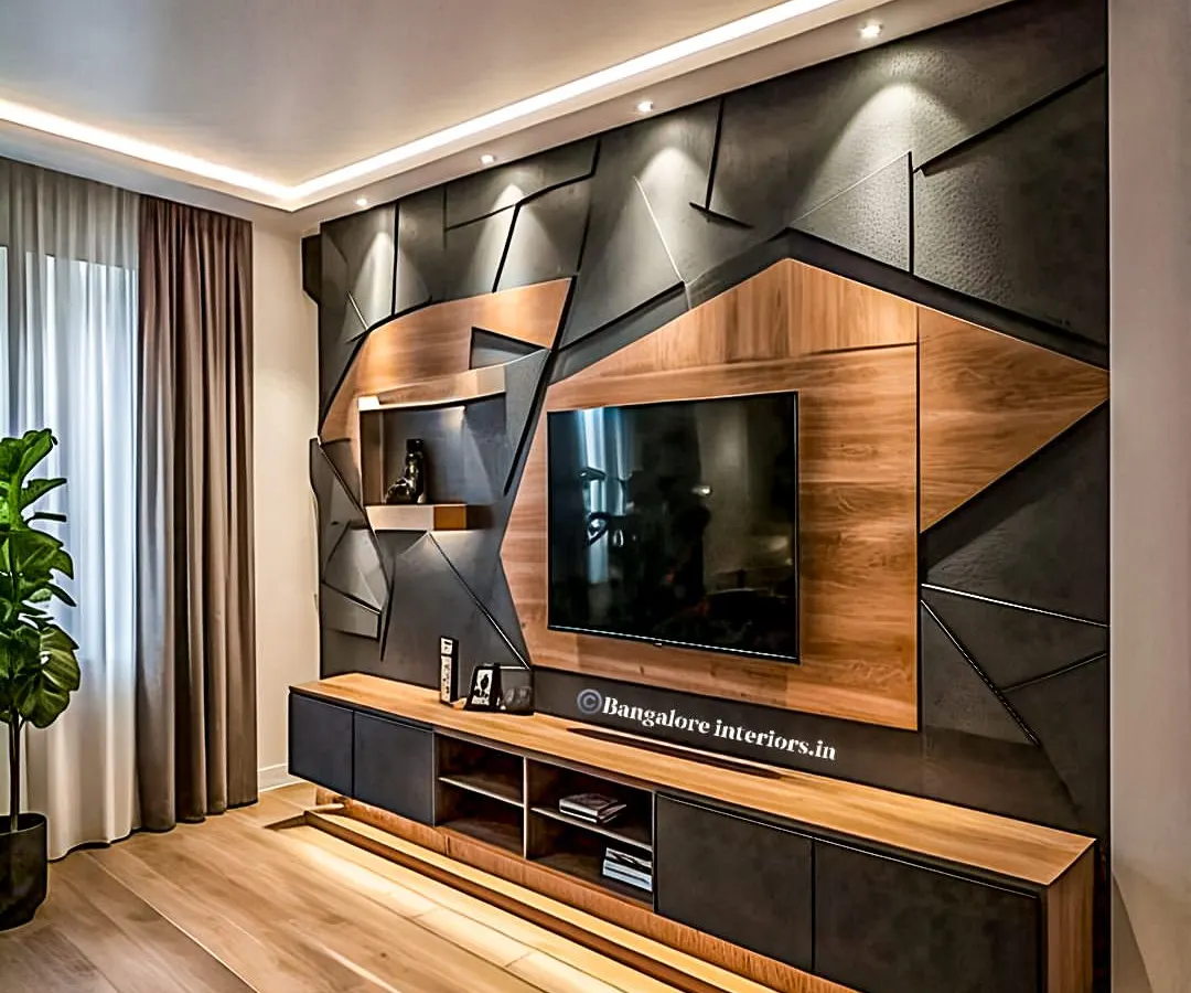 I designed this full-wall TV unit to be a statement piece. It features a mix of wood and geometric dark panels, with integrated backlighting to create a dramatic and modern focal point in the living room.
