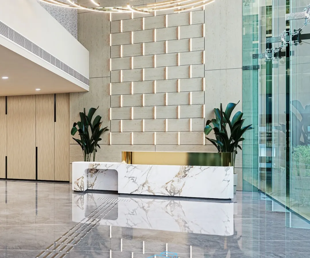 The reception lobby at Brookfield, Candor TechSpace, designed to create a striking first impression. We combined a sculptural marble desk, warm lighting, and refined materials to craft a space that speaks of contemporary sophistication and corporate elegance.