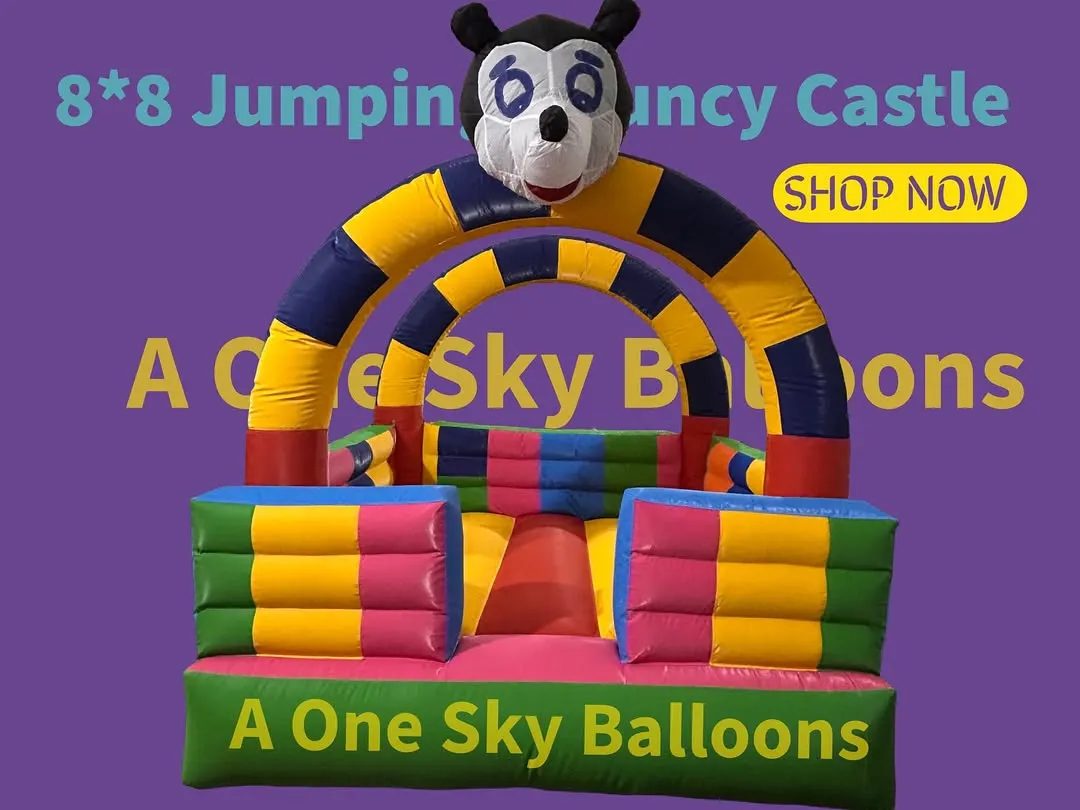 Here is my popular 8x8 feet Panda-themed jumping bouncy castle. It's a perfect starter product for any rental business, ideal for kids' birthday parties and school functions. The bright colors and friendly design make it an instant hit.