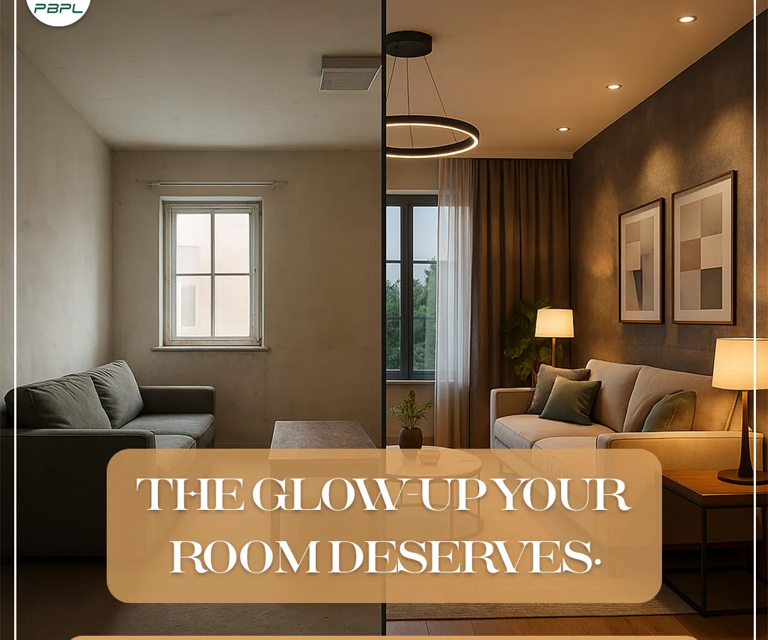 Witness the dramatic impact of professional lighting and interior design. This comparison shows how we transform a dimly lit, plain room into a warm and inviting modern living space with strategic ambient, task, and accent lighting.