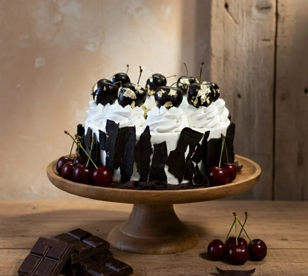 This is my modern take on the classic Black Forest cake. I use layers of rich, eggless chocolate sponge, fresh whipped cream, and a tart cherry compote, all decorated with architectural dark chocolate shards and gold-leaf cherries for an elegant finish.