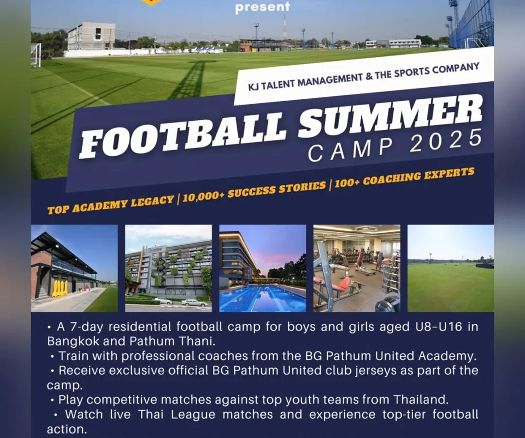 Here are all the details for our 2025 Football Summer Camp in Thailand. This 7-day residential program is a unique opportunity for young players (U8-U16) to train with professional coaches from the BG Pathum United Academy, play competitive matches, and experience top-tier Thai football culture.
