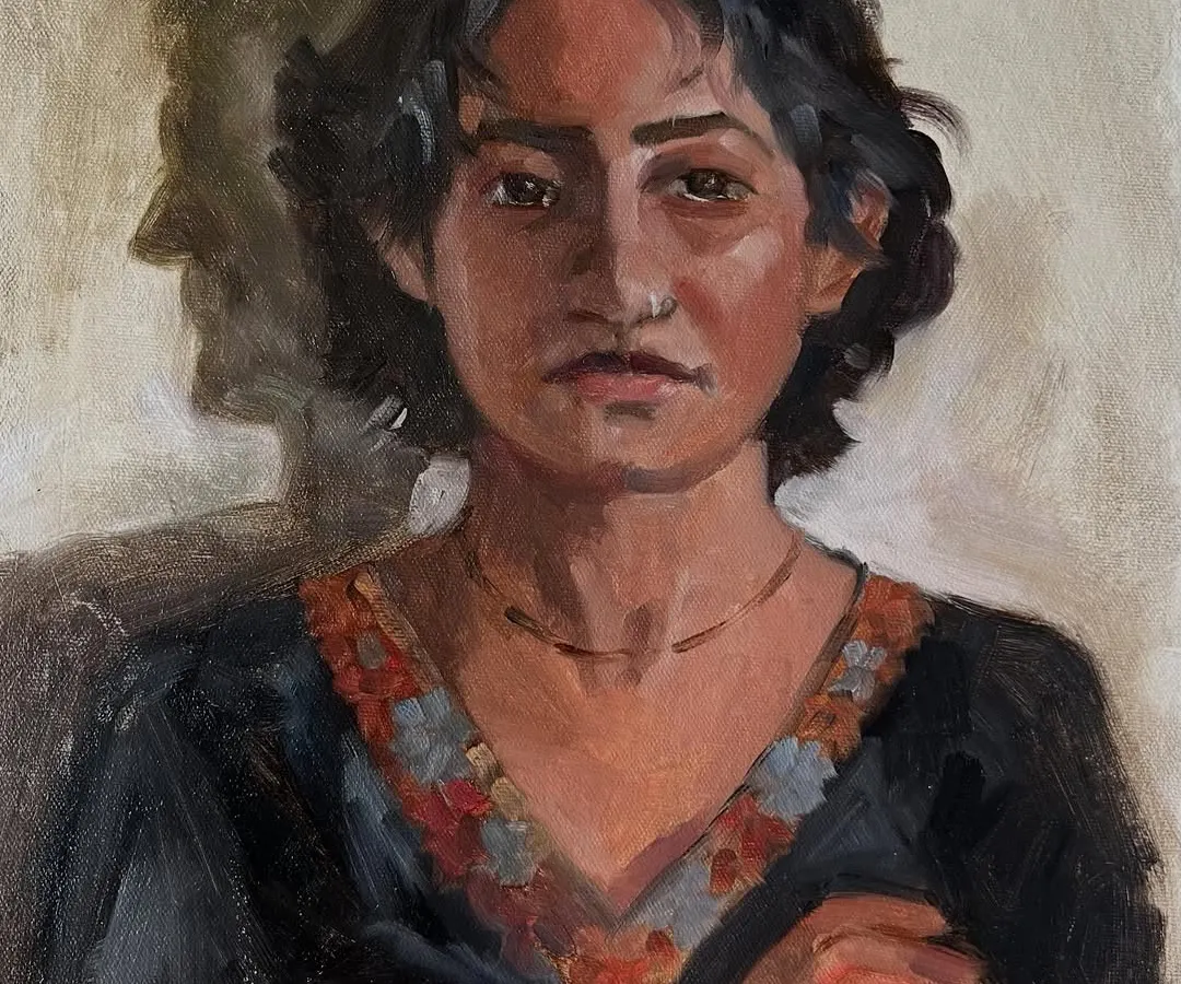 This is a portrait of Anamaya, a beautiful and poised model who sat for me for five and a half hours. Painting from life has its struggles, but capturing her strength and the delicate play of light and shadow was a deeply rewarding artistic experience. This is an oil on canvas portrait.