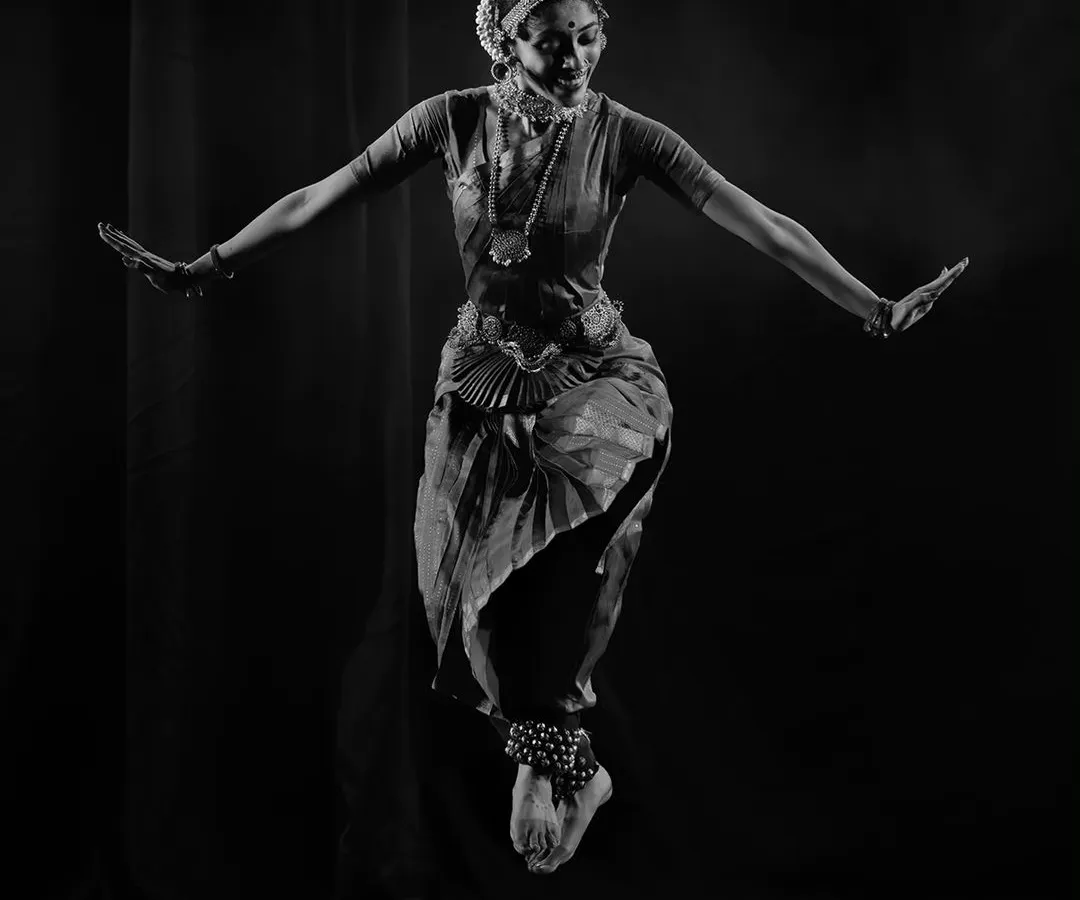 This moment of flight captures the pure bliss I feel when I dance. For me, choreography is about creating these moments of abandon, where the body, mind, and soul are one. This is a glimpse into the dynamic energy I bring to my Bharatanatyam productions.