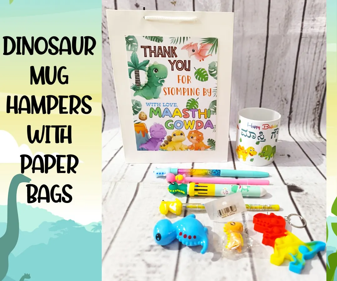 For a truly roaring good time, I created this complete Dinosaur-themed hamper. It includes a personalized mug and a full set of dino stationery, all presented in a custom "Stomping By" gift bag. It shows how I can build a whole world around your chosen theme.